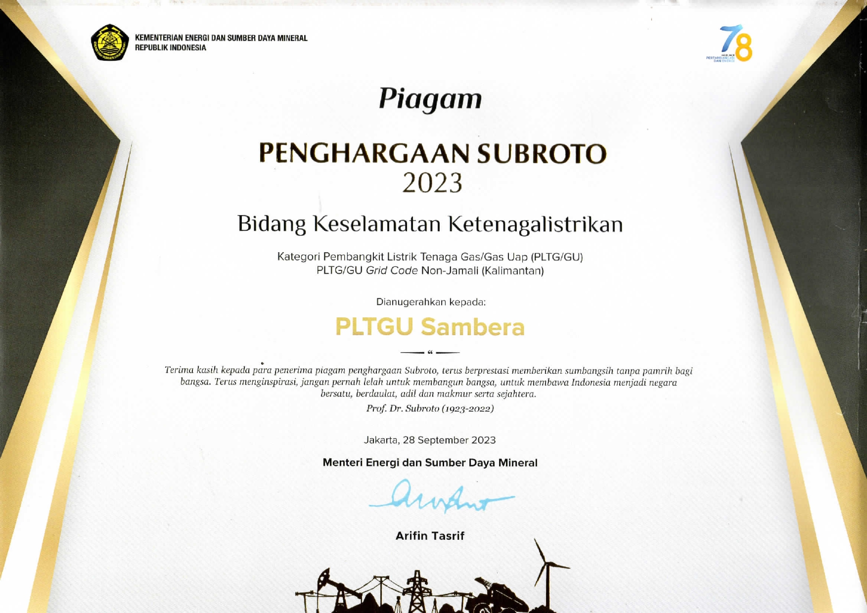 Penghargaan Subroto 2023 Kategori PLTGU-Kalimantan